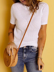 Summer Cut Out White Silm Top T-shirt with Short Sleeves