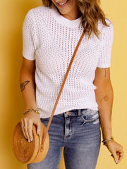 Summer Cut Out White Silm Top T-shirt with Short Sleeves