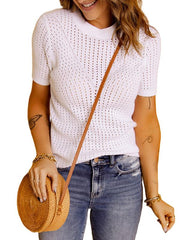 Summer Cut Out White Silm Top T-shirt with Short Sleeves