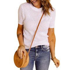 Summer Cut Out White Silm Top T-shirt with Short Sleeves