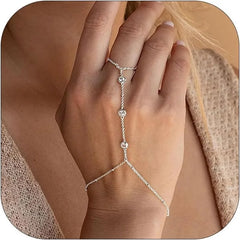 Hand Chain Ring Bracelet Jewelry for Women Girl Dainty 14k Gold Plated Trendy 2024 Summer Adjustable Chain Zircon Finger Ring