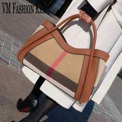 VM FASHION KISS Stripes Handbag Canvas+Genuine Leather 2024 Popular Women's Bags Large Retro Checkered Shoulder Messenger Bag