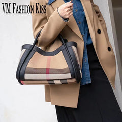 VM FASHION KISS Stripes Handbag Canvas+Genuine Leather 2024 Popular Women's Bags Large Retro Checkered Shoulder Messenger Bag