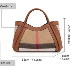 VM FASHION KISS Stripes Handbag Canvas+Genuine Leather 2024 Popular Women's Bags Large Retro Checkered Shoulder Messenger Bag