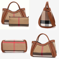 VM FASHION KISS Stripes Handbag Canvas+Genuine Leather 2024 Popular Women's Bags Large Retro Checkered Shoulder Messenger Bag