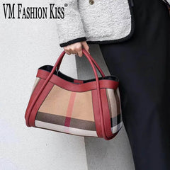 VM FASHION KISS Stripes Handbag Canvas+Genuine Leather 2024 Popular Women's Bags Large Retro Checkered Shoulder Messenger Bag