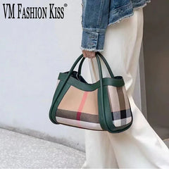 VM FASHION KISS Stripes Handbag Canvas+Genuine Leather 2024 Popular Women's Bags Large Retro Checkered Shoulder Messenger Bag