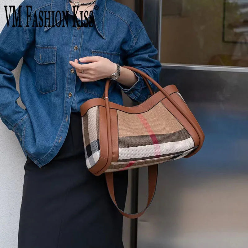 VM FASHION KISS Stripes Handbag Canvas+Genuine Leather 2024 Popular Women's Bags Large Retro Checkered Shoulder Messenger Bag