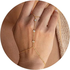 Hand Chain Ring Bracelet Jewelry for Women Girl Dainty 14k Gold Plated Trendy 2024 Summer Adjustable Chain Zircon Finger Ring