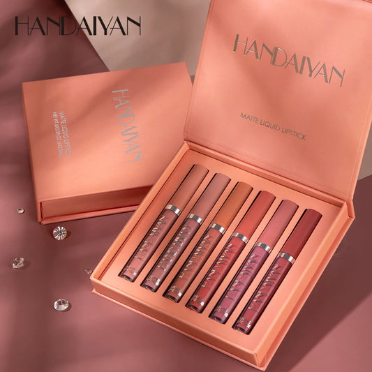 HANDAIYAN 6 Colors Lip Gloss Set Matte Nude Long-lasting High-pigment non-stick cup lip makeup Cosmetics Liquid Lipstick Setd